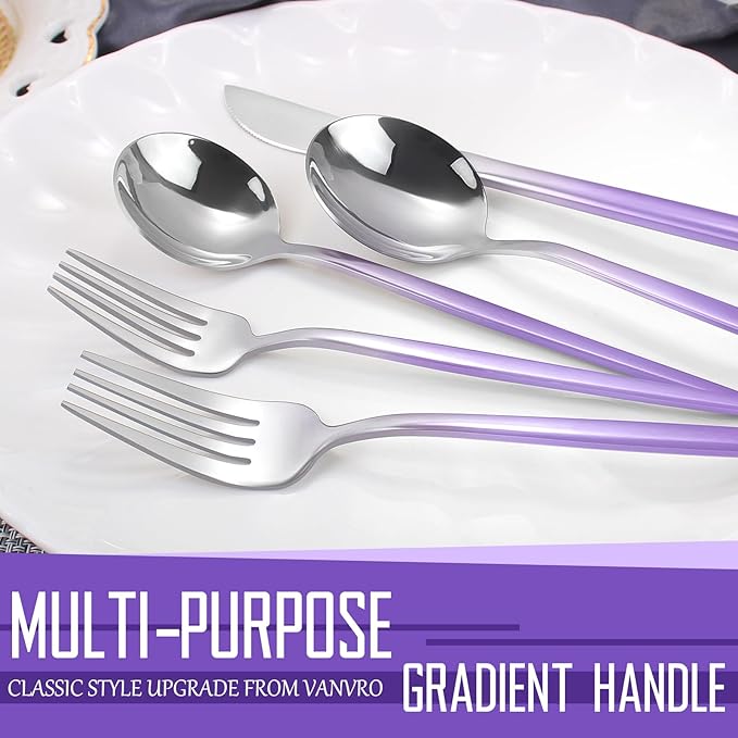 Gradient Purple Silverware Set, 20-Piece Stainless Steel Flatware Cutlery Set, Kitchen Utensil Set Service for 4, Include Knife/Fork/Spoon, Mirror Polished, Dishwasher Safe