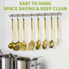 304 Stainless Steel Cooking Utensils Set, 8PCS Kitchen Utensils Set, Include Skimmer, Soup Ladle, Spaghetti Server, Wok Spatula, Slotted Spoon, Solid Spoon, Slotted Spatula Turner & Meat Fork, Gold