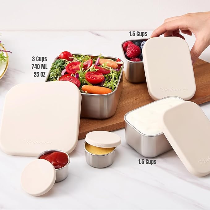 Flexibento - Leak proof Stainless Steel Lunch Box | Lunch Containers with Lids | Steel Bento Box |Metal lunch Box|1*25 OZ+ 2*13 OZ + 2 *2 OZ| Set Of 5 |Vanilla (Vanilla 52 Oz Set (set of 5))