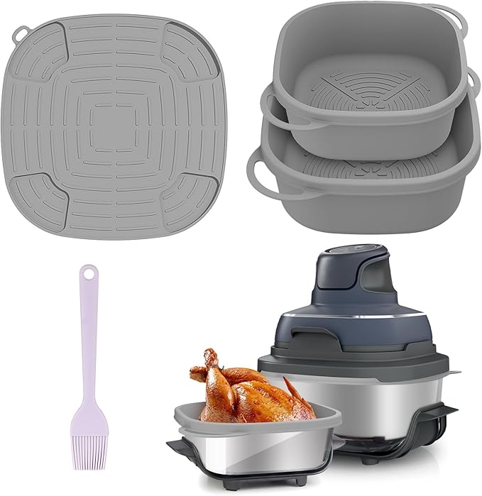 Silicone Air Fryer Liners for Ninja FN101GY Crispi Glass Basket – 4QT 6QT Reusable Nonstick Containers with Heat Mat and Oil Brush