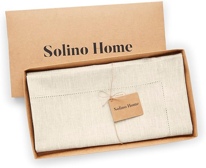 Solino Home Light Natural Linen Tablecloth 52 x 52 Inch - 100% Pure Linen Square Table Throw - Classic Hemstitch, Machine Washable Table Cloth for Summer, Fall, Autumn