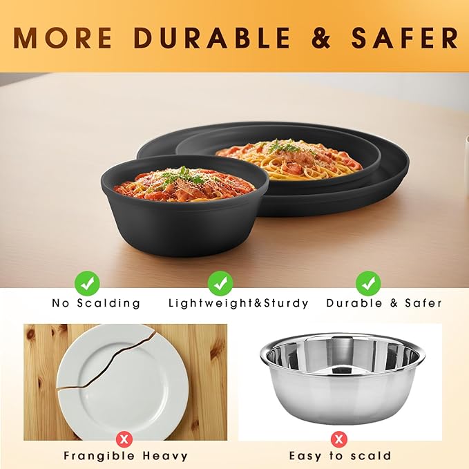 Plastic Dinnerware Sets – 40-Piece Plates and Bowls Sets with Cups, Knives, Forks and Spoons, Dishes Set for 8, Reusable Unbreakable Kitchen Dishware for Apartment, Camping, Outdoor, Black