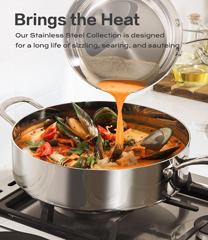 Large Saute Pan with Lid 12 inch Stainless Steel Sauté Pan (5.5 Qt) - 5-Ply Stainless Steel Deep Saute Pans- Oven Safe & Stovetop Agnostic - Non Toxic, PTFE & PFOA Free