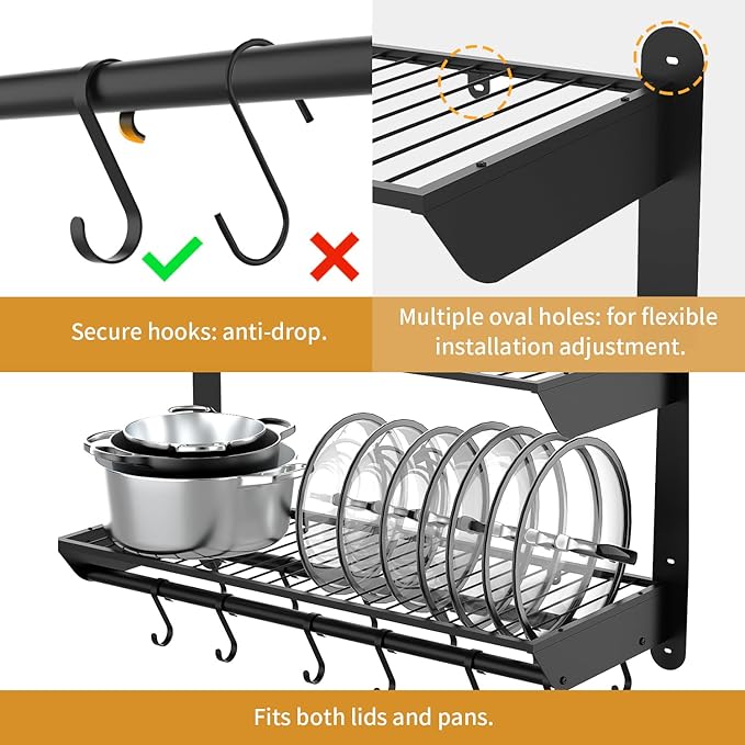 Taozun 30 Inch Pot and Pan Organizer, 2 Tier Heavy Duty Pot Rack Wall Mounted with 12 Hooks, Kitchen Cookware Utensils Hanger Organizers and Storage