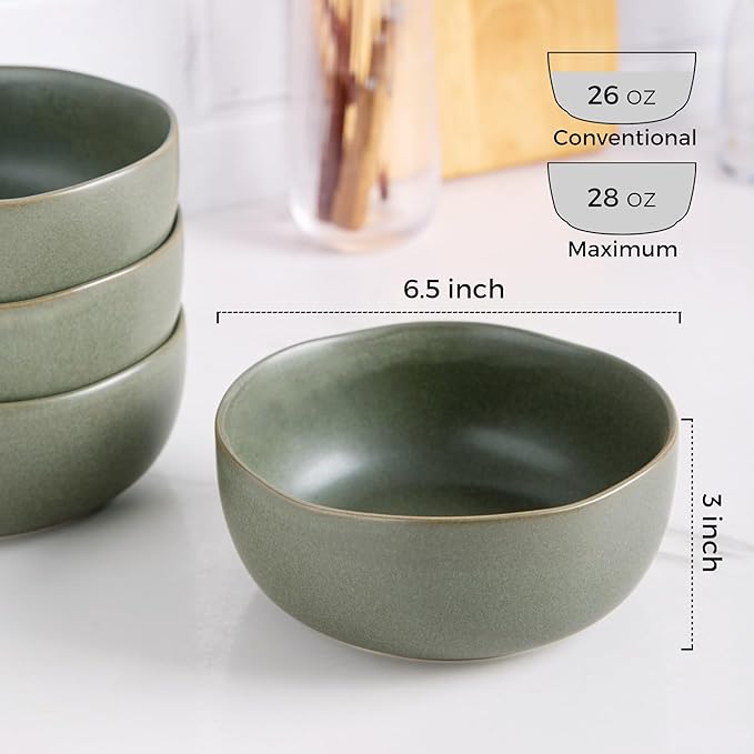 AmorArc Stoneware Cereal Bowls for Kitchen, 28oz Large Ceramic Soup Bowls Set of 4 for Meal,Snacks,Soup, Oven, Microwave&Dishwasher safe Kitchen Bowls with Wavy Rim, Reactive Glaze Matte