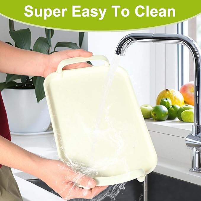 3 Pack Serving Tray with Handles, Stackable Reusable Trays for Serving Food, Plastic Serving Platters for Party, Charcuterie, Fruit, Appetizer, Solid Cream