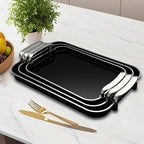 3 Pack Serving Tray with Handles, Stackable Reusable Trays for Serving Food, Plastic Serving Platters for Party, Charcuterie, Fruit, Appetizer, Black Silver