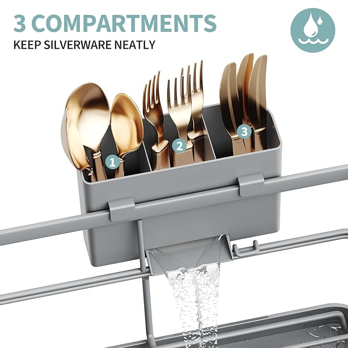 Dish Drying Rack for Kitchen Counter, Large Dish Racks with Drainboard, Kitchen Sink Dish Strainer Rack, Countertop Dish Drainer Rack with Cup & Utensil Holders, Dish Dryer Rack Large Size Gray