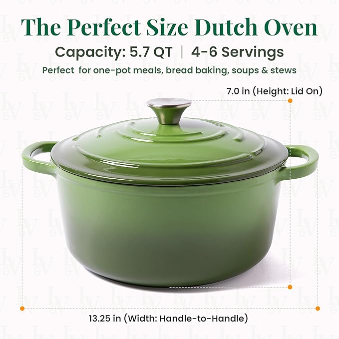Larder & Vine Enameled Cast Iron 5.7qt Dutch Oven Pot with Lid | Bread Baking | Compatible on All Cooktops & Oven Safe to 500° F | Great for Sourdough Bread | Okra