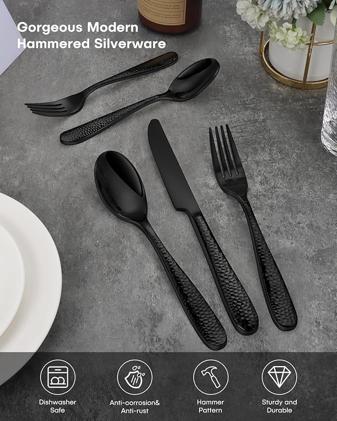 Hammered Silverware Set, Ollex 60-Piece Black Flatware Set for 12 Mirror Finish Stainless Steel Eating Utensils Sets Include Forks Spoons and Knives Tableware Kitchen Cutlery Sets, Dishwasher Safe