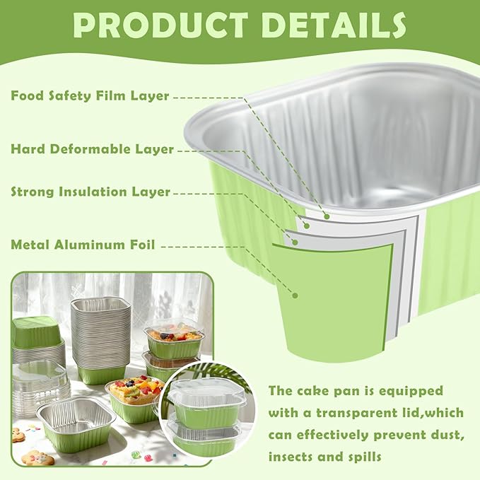 Aoriher 150 Pieces 10 oz Mini Cake Pans with Lids Aluminum Foil Baking Cups Square Disposable 4 x 4 Large Cupcake Cups Baking Tins for Kitchen Brownie Pudding Desserts Holders(Light Green)