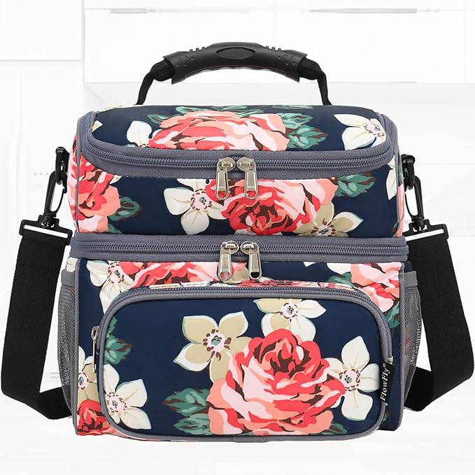 FlowFly Double Layer Cooler Insulated Lunch Bag Adult Lunch Box Large Tote Bag for Men, Women, With Adjustable Strap,Front Pocket and Dual Large Mesh Side Pockets