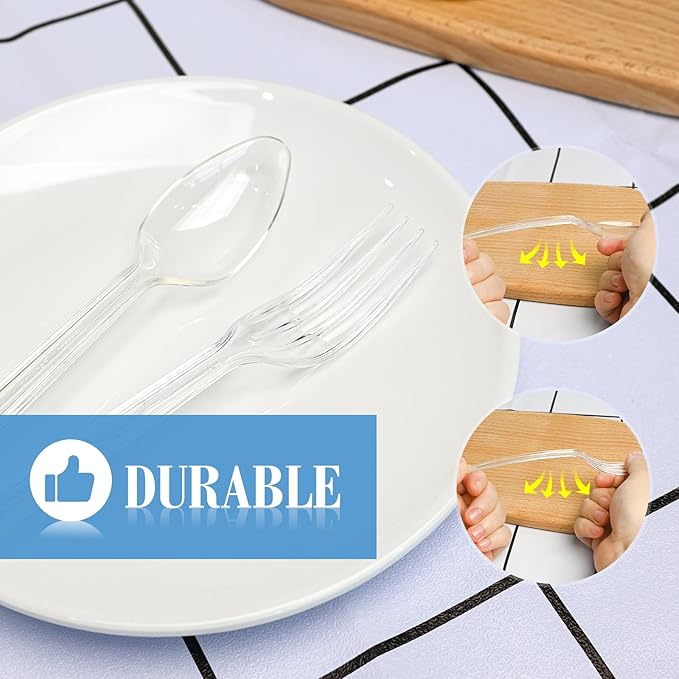 100 Count Plastic Silverware, Heavy Duty Plastic 50 Forks & 50 Spoons Disposable Utensils Cutlery Set for Party Supplies