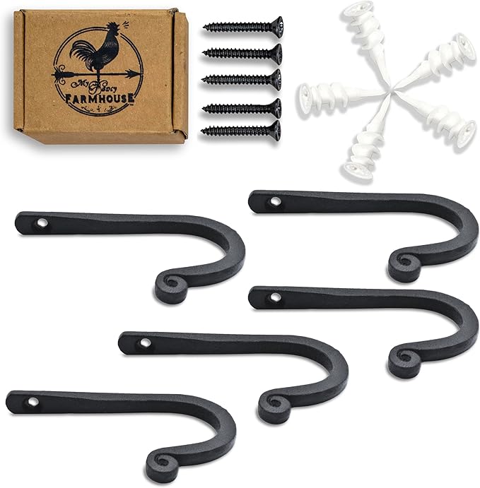 Larger Railroad Spike Cast Iron Hooks (5 Pack) Handmade Blacksmith, Wall Mounted, Farmhouse Decor Cast Iron Wall Hooks, Vintage Hooks for Hanging (Black)