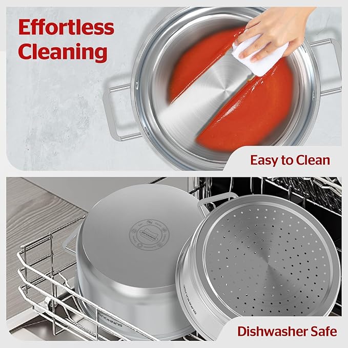 SUNHOUSE 2-Tier Stainless Steel Steamer Pot with Lid - Larger 5.5 QT Steamer & 3.8 QT Stockpot Base - Induction Ready, Compatible with All Cooktops - Multipurpose for Vegetables & Dumplings