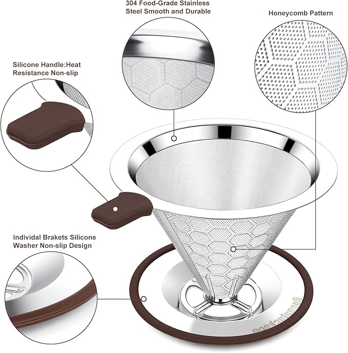 Pour Over Coffee Dripper, Stainless Steel Coffee Filter, Paperless Reusable Coffee Filter, Metal 600 Mesh Strainer Coffee Maker Single Cup Brewer 1-2 Cup