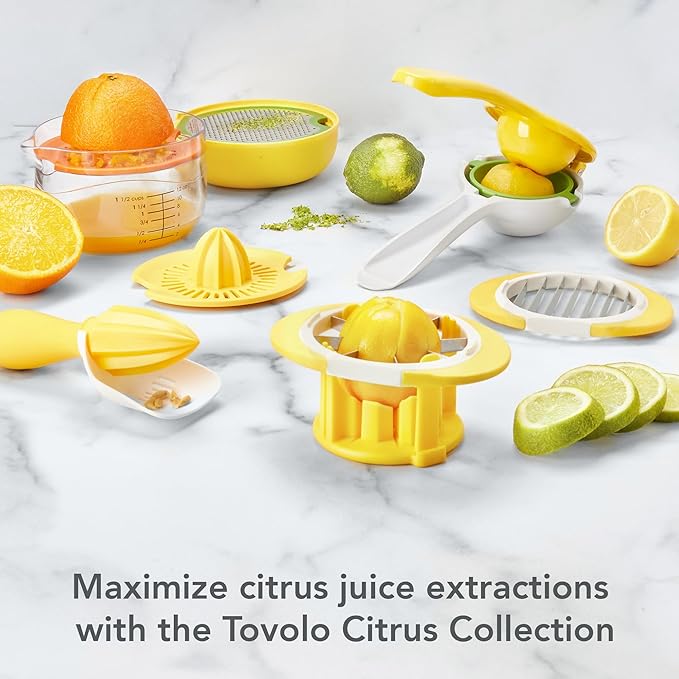 Tovolo Citrus Press with Pour Spout, White & Yellow – Manual Juicer for Lemons, Limes, Tangerines, Ergonomic Handle, BPA-Free, Dishwasher Safe