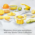Tovolo All-in-1 Citrus Juicer and Zester Set, White & Yellow – Manual Juicer with Measuring Cup, Dual Reamers, BPA-Free, Dishwasher Safe, Compact Storage