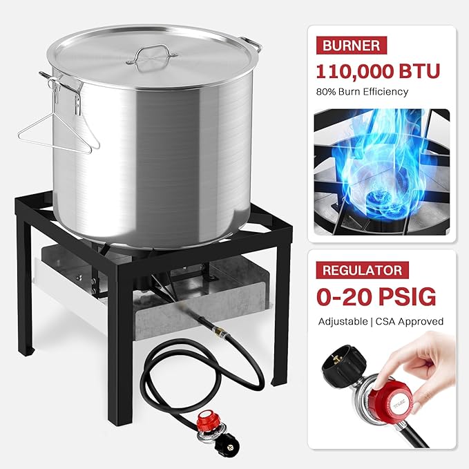 80QT Crawfish Boiler | Seafood Boiling Kit | Dustproof Cover & 16" Skimmer Included | 110,000BTU Propane Jet Burner | 0-20 PSI CSA Certified Regulator | Crab Boil Pot for Outdoor Backyard Cooking