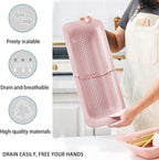 Collapsible Sink Colanders and Strainers Basket Over the Sink Colander Collapsible Colander Extendable Plastic Fruit Vegetable Strainer Drainer Basket for Kitchen(Length 14.3 inch-19.4 inch) (Pink)