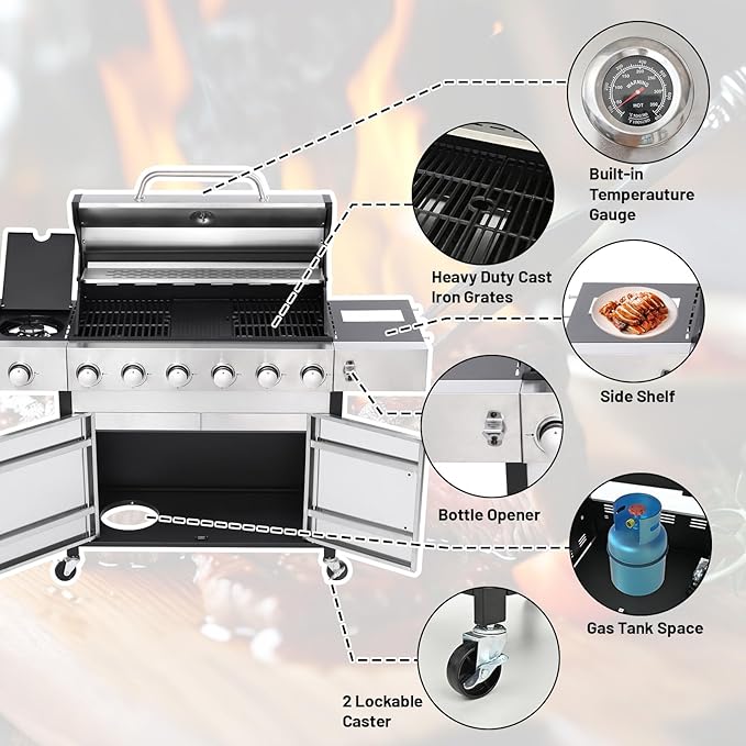 6-Burner Propane Gas BBQ Grill, 2 in 1 Propane Griddle Grill Combo with Porcelain-Enameled Cast Iron Grates & Plate, 65800 BTU with Side Stove for Outdoor Cooking Camping Patio Backyard(6+1 burner)
