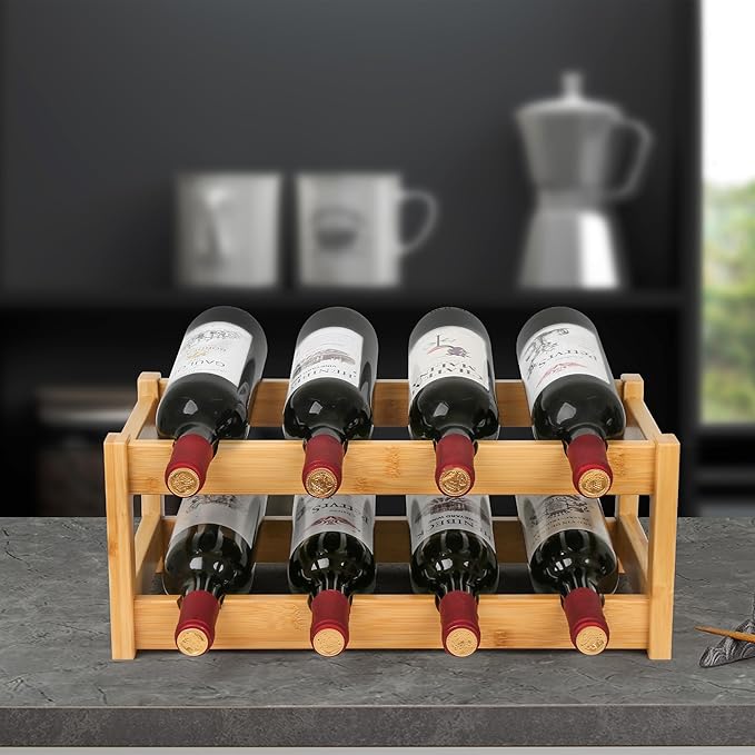 VASMIA Wine Rack, 2-Tier Bamboo Wine Racks Countertop Cabinet Wine Holder Wine Storage Shelf for Pantry Kitchen Bar, Natural