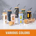 Glass Tumbler with Lid and Straw, 46 oz Iced Coffee Cup with Handle, Large Water Bottles with Silicone Sleeve, Glass Cup with Straws - Pearl Straw & Drinking Straw BPA Free-Grey