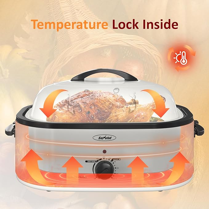 Sunvivi 18-Quart Roaster Oven with Self-Basting Lid, Electric Turkey Roaster Oven with Removable Pan and Rack, Stainless Steel, White