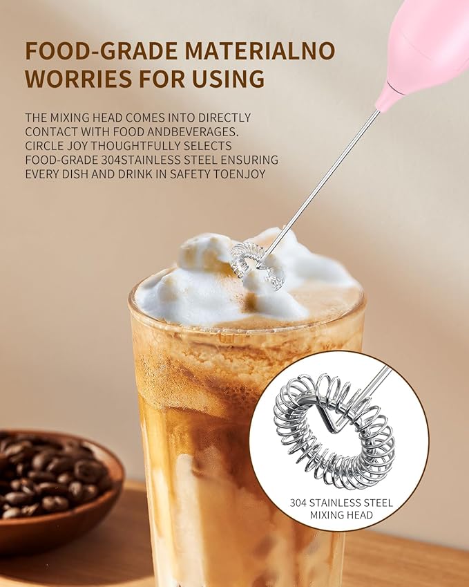 CIRCLE JOY Milk Frother Handheld Rechargeable Milk Foamer Electric Mini Drink Mixer with Stainless Steel Whisk for Coffee, Cappuccino, Lattes, Frappe, Matcha and Hot Chocolate, Pink