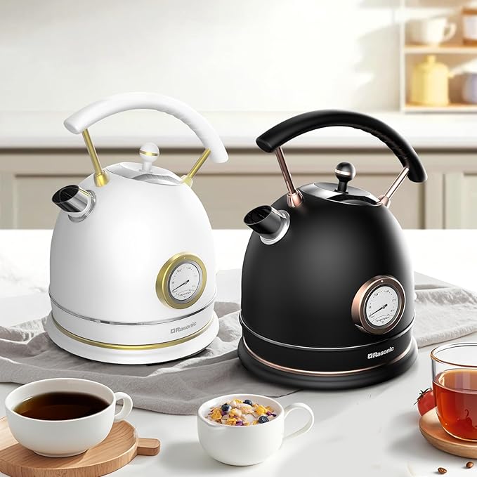 Rasonic Retro Electric Kettle Stainless Steel, 1.8L Tea Water Boiler, 1500W Fast Quiet Boil, Temperature Gauge, Auto Shut-Off, Boil-Dry Protection, White Champagne Gold
