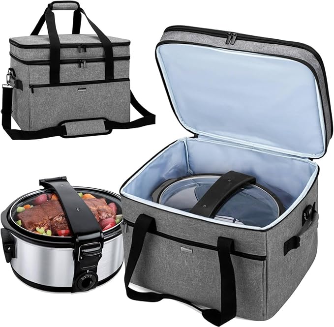 Yarwo Large Slow Cooker Travel Bag Compatible with Crock-Pot/Hamilton Beach 8-10 Quart, Double Layers Slow Cooker Carrier Case for Kitchen Appliance and Accessories, Upgraded Version, Gray (Bag Only)
