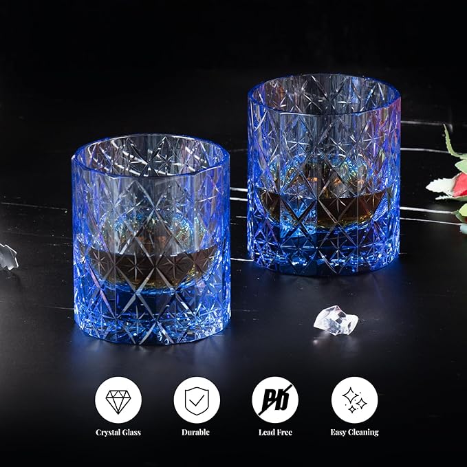 KAMMAK Crystal Whiskey Glass Set of 2, 7.78 oz (230 ml) Handmade Old Fashioned Tumbler, Thick Base Colored Glass with Delicate Rim & Seamless Design for Scotch, Bourbon, Cocktails, Blue 12-Facet