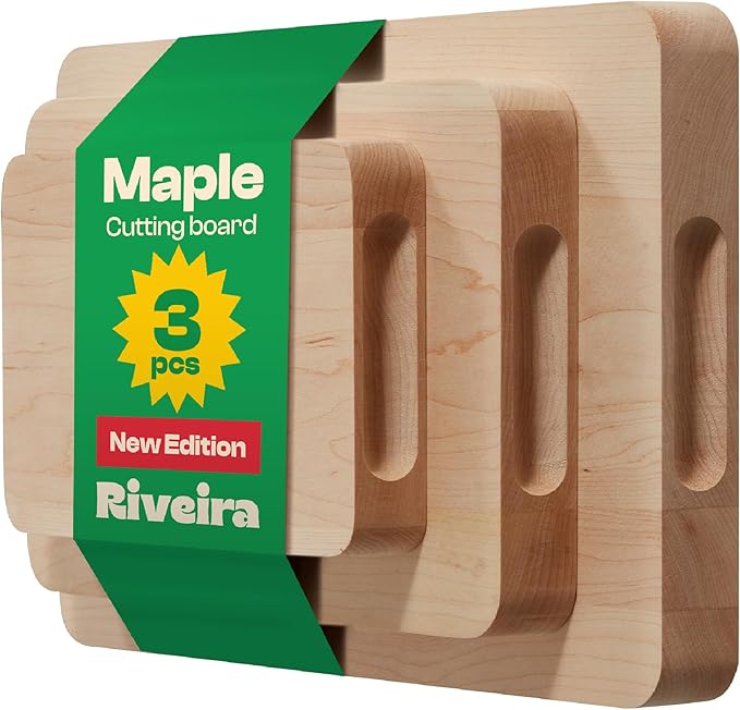 Riveira Maple Wood Cutting Board – Versatile and Durable: Set Of 3 Pcs Rectangular Wooden Cutting Board – Natural Wooden Cutting Boards For Kitchen – Complete Maple Wooden Chopping Board