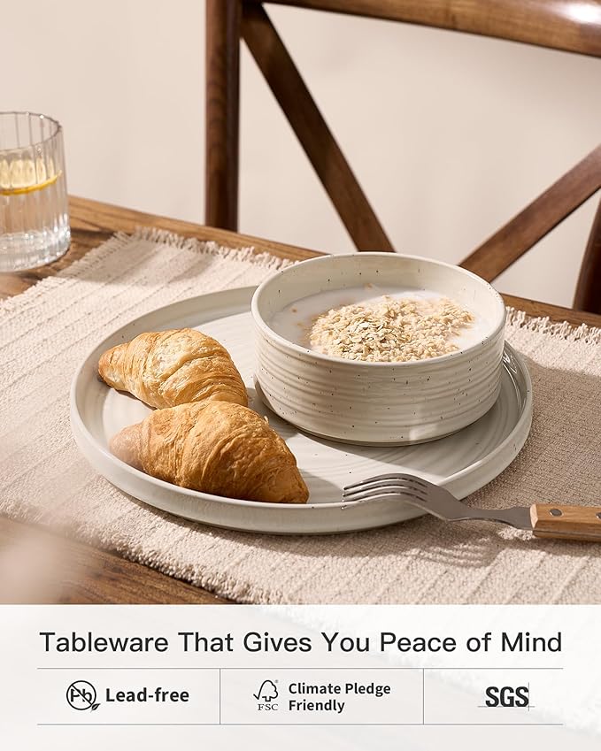 Stoneware Dinnerware Sets, Dish Set for 8, 24 Pieces Spiral Dishware Set with Straight Rim, Speckles & Reactive Glaze - Microwave and Dishwasher Safe Tableware, Shell Beige