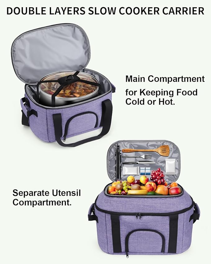 Double-Layer Slow Cooker Carrying Bag for 6-8 Quart CrockPot and Hamlton Beach,Portable Carrier Case with See-Through Window,Travel Bag with Lid Fastener for Family Gathering,Purple