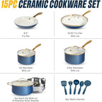 Gotham Steel 15 Pc Ceramic Cookware Set Nonstick, Ceramic Pots and Pans Set Non Stick with Steamer & Cooking Utensils, Non Toxic PFOA PFOS Free, Premium Stay Cool Handles, Oven & Dishwasher Safe