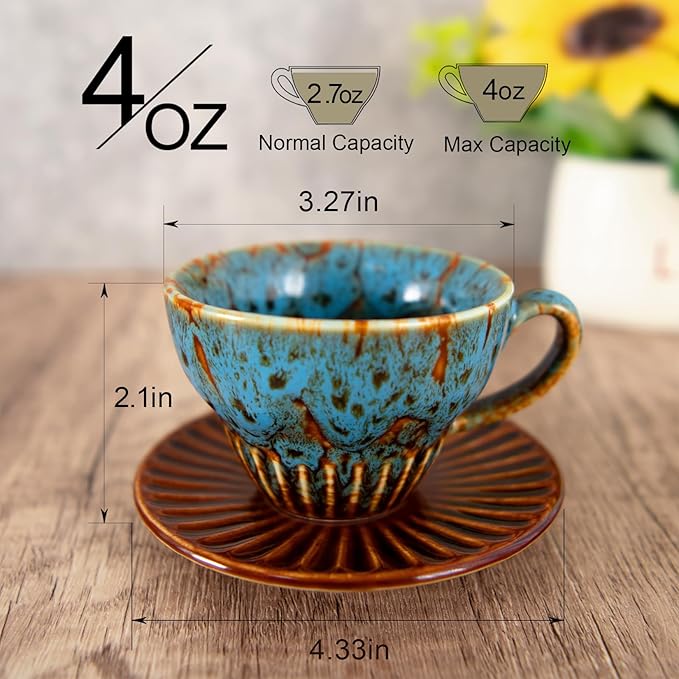 4 oz Espresso Cups Set of 2, Ceramic Cappuccino Cups with Saucers, Durable Porcelain Tea Set & Modern Coffee Cup Collection, Coffee Lover Gifts, Glazed Blue