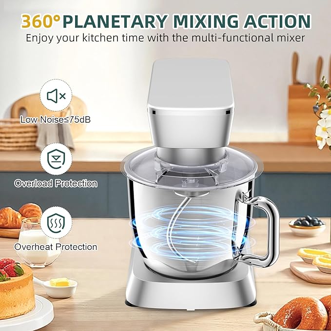 Stand Mixer, 6QT 10+P Speed Tilt-Head Kitchen Electric Mixer, Food Mixer with Stainless Steel Bowl, Dough Hook, Flat Beater, Wire Whisk, Splash Guard for Daily Use - Silver