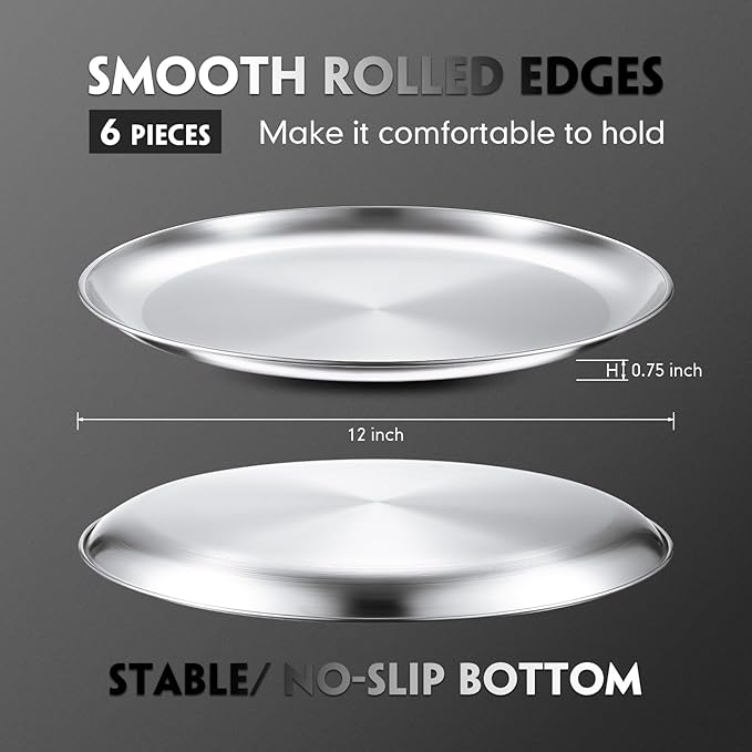 Thenshop 6 Pieces 10 Inch Pizza Pans Bulk Stainless Steel Sets Round Bakeware Pizza Trays for Oven Kitchen Baking Home Restaurant Safe Sturdy Reusable Easy Clean(Silver)