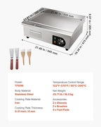 VEVOR Commercial Electric Griddle, 21 x 11.8 inch, 1750W, 122-570°F Adjustable Temp Control, Stainless Steel Countertop Flat Top Grill with 2 Spatulas, 2 Brushes and 4 Foot Pads, for Steak, Pancake