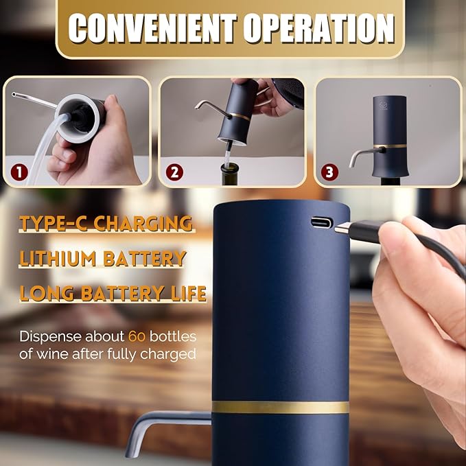 Electric Wine Dispenser, Aerator, Vacuum Wine Pump with Touch LED Display, Wine Temperature Monitor, One Touch Automatic Wine Pourer with USB Rechargeable, Gifts for Men & Women Wine Lovers (Blue)