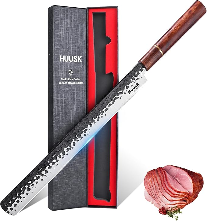 Huusk Japanese Brisket Carving Knife - 11in Slicing Knife for Meat Cutting Made by High Carbon Steel, Hand Forged Ultra Sharp Brisket Slicer with Wood Handle for BBQ Grilling Roast, Gift for Men Dad