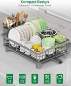 Dish Drying Rack, Stainless Steel Drainer Rack with Drainboard with Smart Drainage System, Space Saving Dish Strainer for Kitchen Counter with Cutlery Holder, Grey