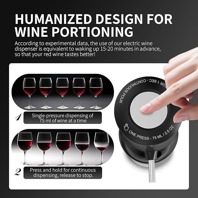 Rechargeable Wine aerator Electric Wine Decanter, Automatic Wine Dispenser withStorage Base,Two Modes:long press to continuously Dispense wine/single press to Dispense75ml of Wine