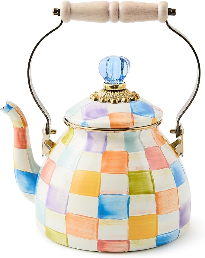 MACKENZIE-CHILDS Enamel Tea Kettle, Cute Tea Kettle for Stovetop, 2 Quarts, Confetti Check