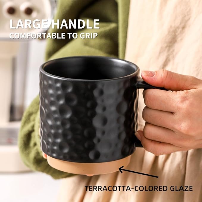 Nihow Ceramic Coffee Mug Set of 4, 16OZ Stackable Coffee Mug Set with Stainless Stand,Large Cup Set for Cappuccino,Tea,Hot/Cold Drinks,Dishwasher & Microwave Safe,Matte Black