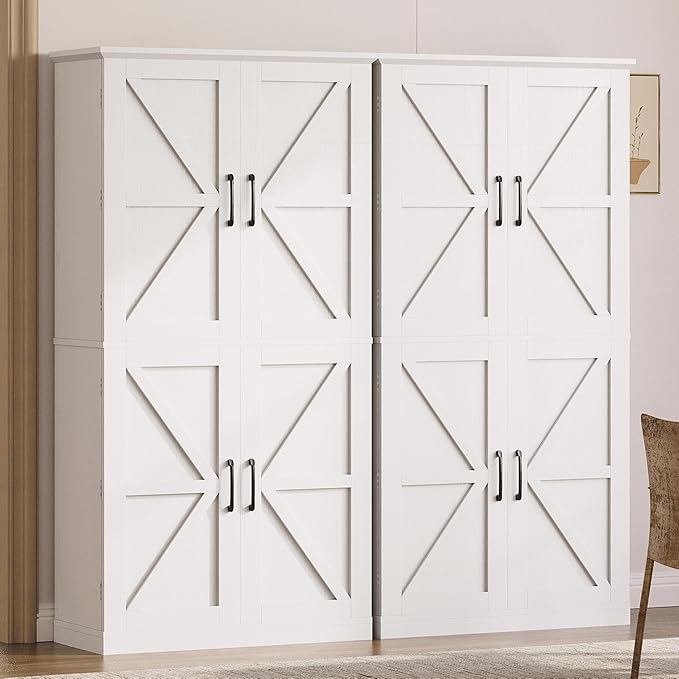 IRONCK Kitchen Pantry Storage Cabinet 72.8" H, 4 Barn Doors with Storage Rack, 4 Adjustable Shelves, Freestanding Cupboard for Dining Room Living Room, Laundry, White
