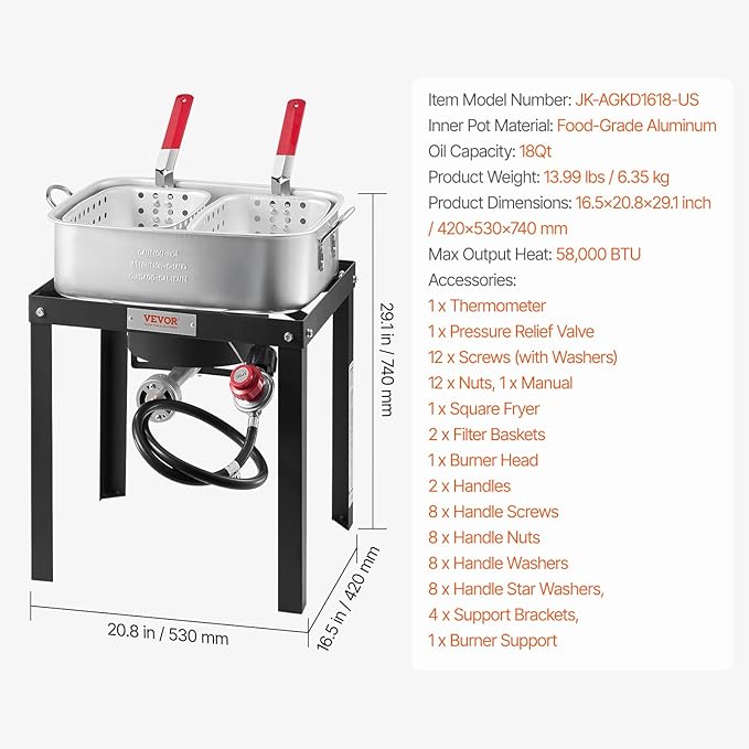 VEVOR 18 Qt Fish and Wing Fryer with Double Basket, Aluminum Propane Fish Fryer Kit, Outdoor Deep Fryer Seafood Pot with Thermometer and 58,000 BTUs Propane Burners, for Outdoor and Backyard Cooking