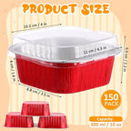 Aoriher 150 Pieces 10 oz Mini Cake Pans with Lids Aluminum Foil Baking Cups Square Disposable 4" x 4" Large Cupcake Cups Baking Tins for Kitchen Brownie Pudding Desserts Holders(Red)