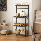 Kitchen Bakers Rack with Storage Shelves, Small Coffee Bar Cart with 8 Hooks, 4 Tiers Microwave Stand Station with Adjustable Shelves, Freestanding Kitchen Appliance Organizer, Black Oak